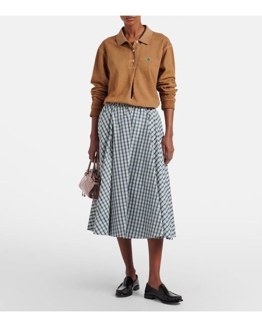 Prada Blue Checked Cotton-Blend Chambray Midi Skirt