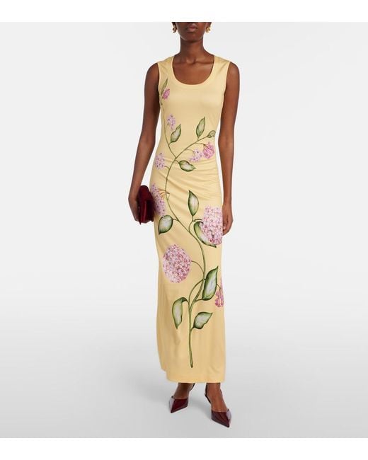 Oscar de la Renta Metallic Porcelain Flower Jersey Maxi Dress