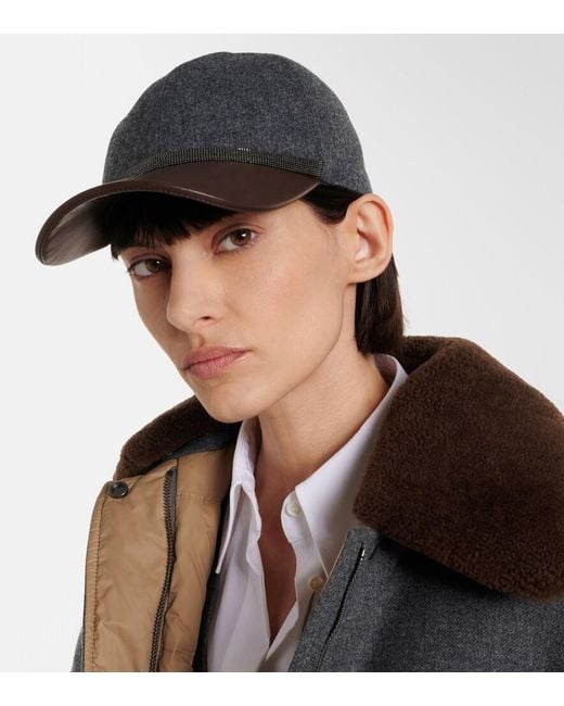 Brunello Cucinelli Gray Monili Leather And Virgin Wool Baseball Cap