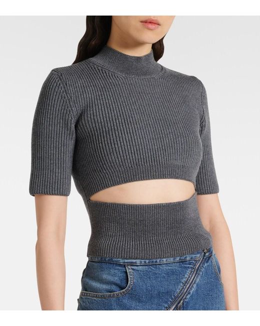 Alaïa Gray Ribbed-Knit Cutout Wool-Blend Top