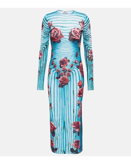 Jean Paul Gaultier Blue Flower-print Slim-fit Stretch-woven Maxi Dress