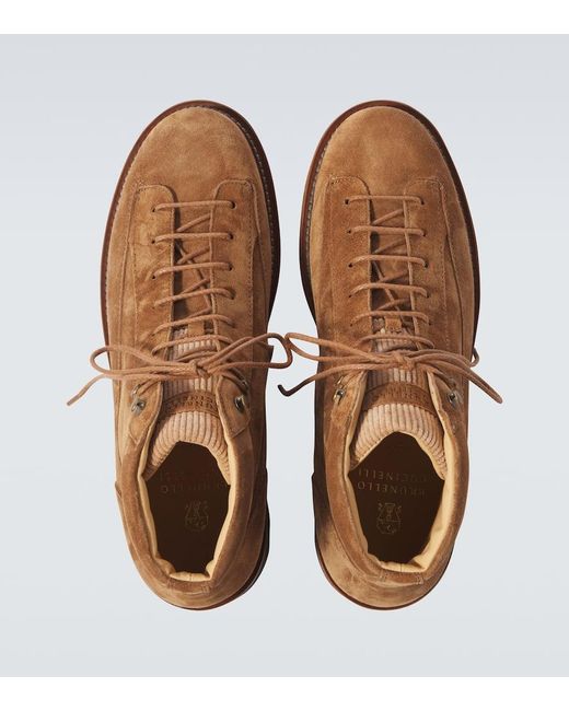 Brunello Cucinelli Brown Corduroy-Trimmed Leather Lace-Up Boots for men
