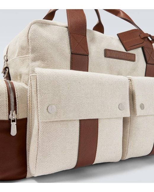 Brunello Cucinelli Brown Leather-Trimmed Canvas Duffel Bag for men