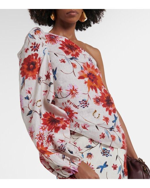 Dorothee Schumacher Red Floral Ease One-Shoulder Linen Top