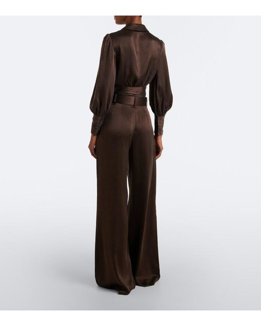 Zimmermann Brown Belted Pleated Silk Satin Wide-Leg Pants