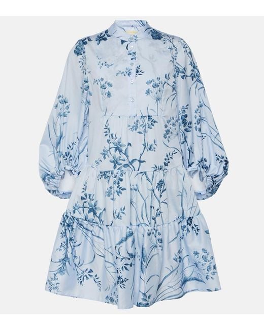 Erdem Blue Tiered Floral-print Cotton-voile Mini Shirt Dress