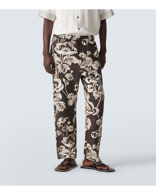 Commas Black Floral Linen Straight Pants for men