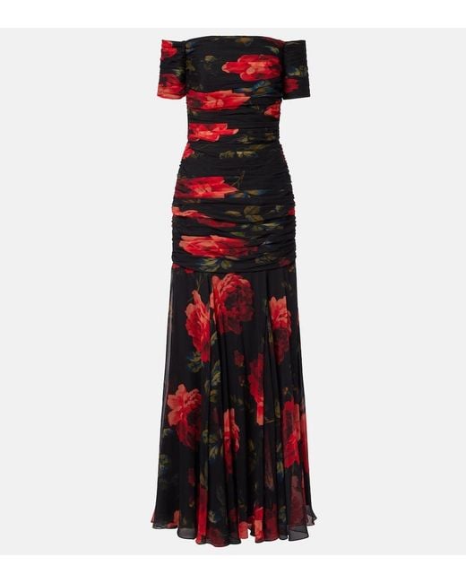 Carolina Herrera Red Floral Ruched Off-Shoulder Silk Chiffon Gown