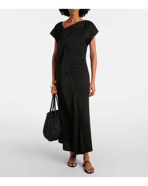 Plan C Black Asymmetric Draped Midi Dress