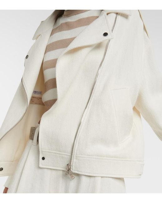 Brunello Cucinelli White Cotton And Linen Biker Jacket