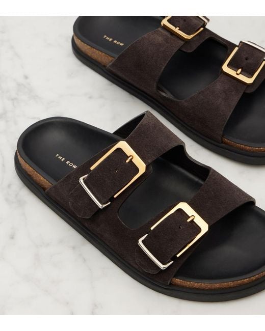 The Row Black Buckle Suede Slides