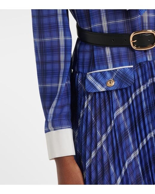 Self-Portrait Blue Belted Checked Chiffon Midi Dress