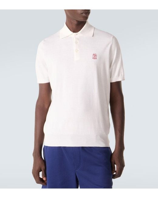 Brunello Cucinelli White Embroidered Cotton Pique Polo Shirt for men