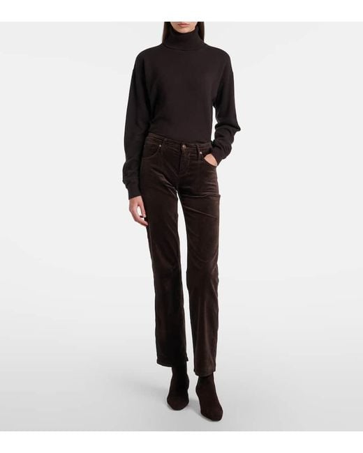 7 For All Mankind Black Calie Straight Mid-Rise Cotton-Blend Velvet Straight Pants