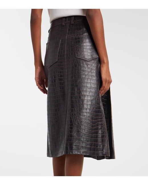 Rabanne Black Pleated Croc-Effect Leather Midi Skirt