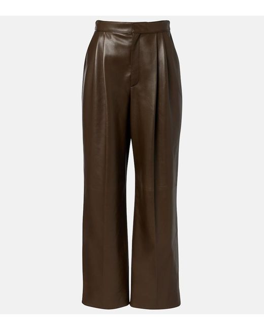 Bottega Veneta Brown Pleated Leather Straight Pants