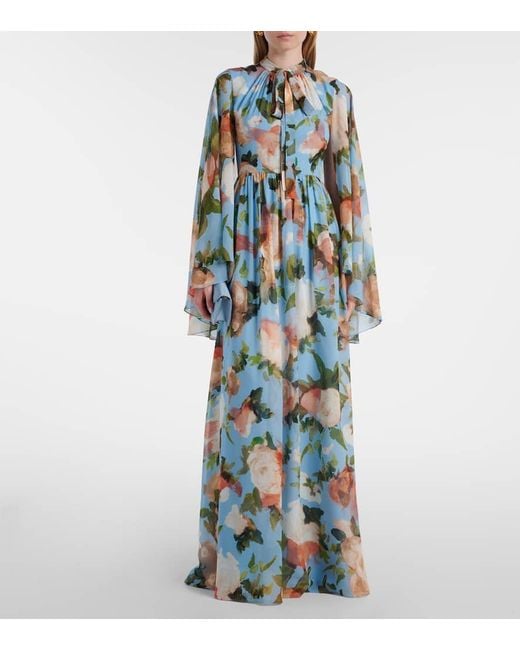Erdem Blue Caped Floral Silk Voile Gown