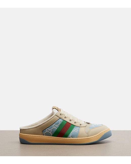 Gucci Blue Screener Faux Pearl-Embellished Mules
