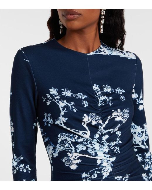 Erdem Blue Gathered Floral Print Jersey Midi Dress