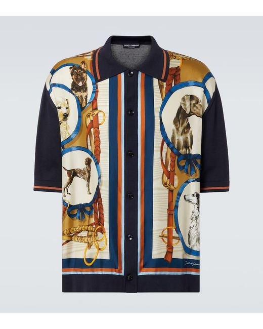 Dolce & Gabbana Blue Printed Silk And Cotton Bowling Shirt for men