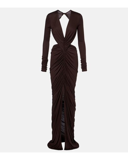 Rick Owens Brown Poppy Ls Ruched Open-Back Jersey Gown