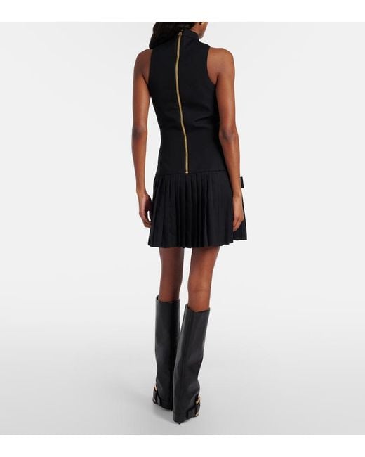 Balmain Black Pleated Virgin Wool Minidress