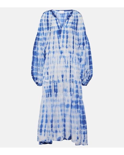 Anna Kosturova Blue Amelia Tie-Dye Tiered Silk Midi Dress