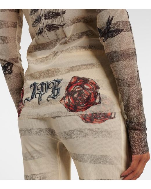 Jean Paul Gaultier Natural Striped Printed Mesh Top