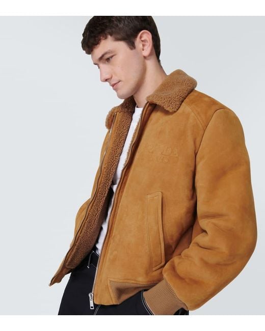 Prada Brown Shearling-Trimmed Suede Bomber Jacket