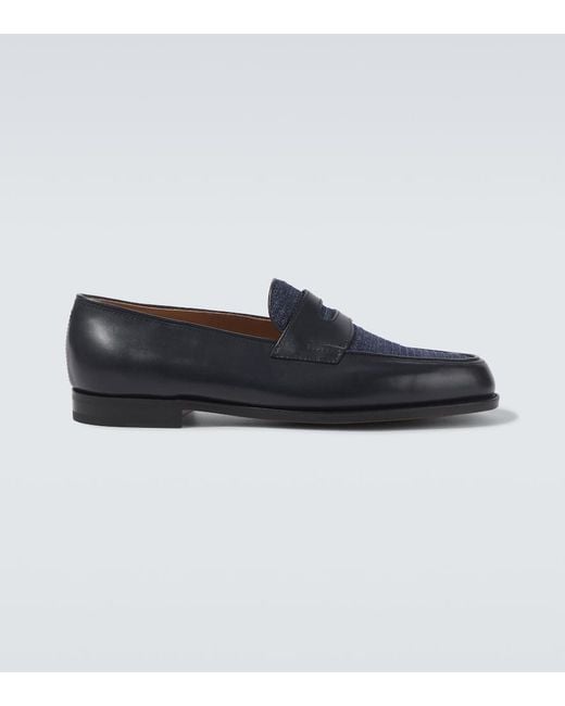 John Lobb Blue Lopez Leather And Denim Penny Loafers for men