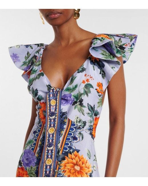 Camilla Blue Printed Linen And Silk Maxi Dress