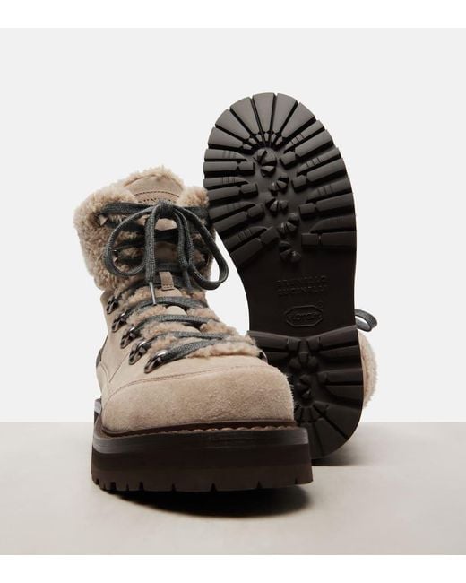 Brunello Cucinelli Gray Shearling-Lined Suede Lace-Up Boots