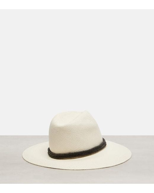 Brunello Cucinelli White Fedora-Hut Aus Stroh Mit Leder