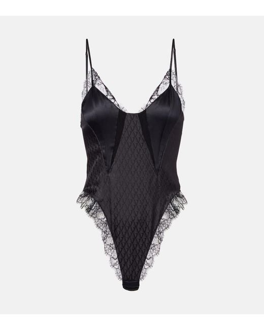 Versace Black Lace-Trimmed Silk-Blend Satin Bodysuit