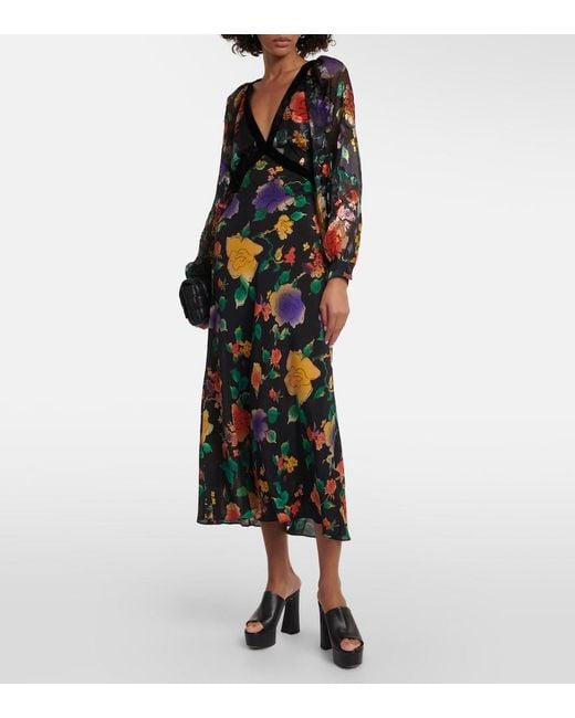 Rixo Black Ayla Floral-Print Silk Midi Dress