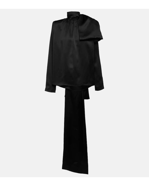 Blusa de saten de seda fruncida Saint Laurent de color Black