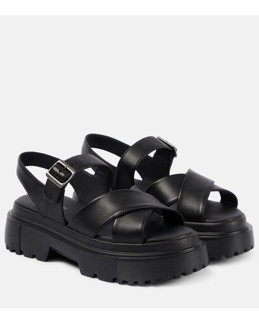 Hogan Black H644 Leather Platform Sandals
