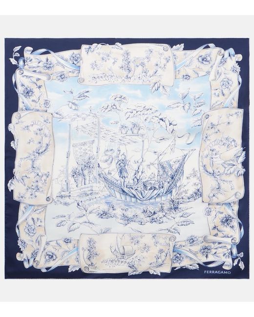 Ferragamo Blue Printed Silk Scarf