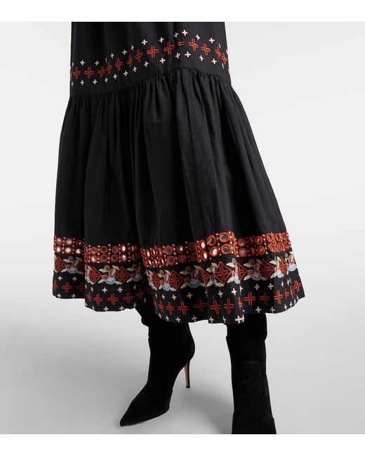 Farm Rio Black Embroidered Cotton Maxi Skirt
