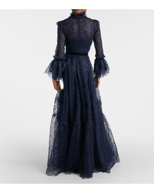 Costarellos Blue Ruched Lace Gown