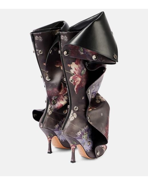 Y. Project Black Snap 100 Floral Leather Knee-High Boots
