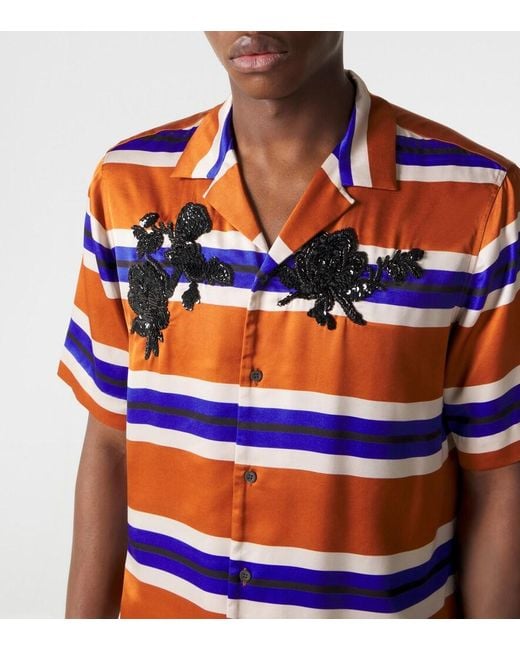 Dries Van Noten Blue Embellished Striped Satin Shirt for men