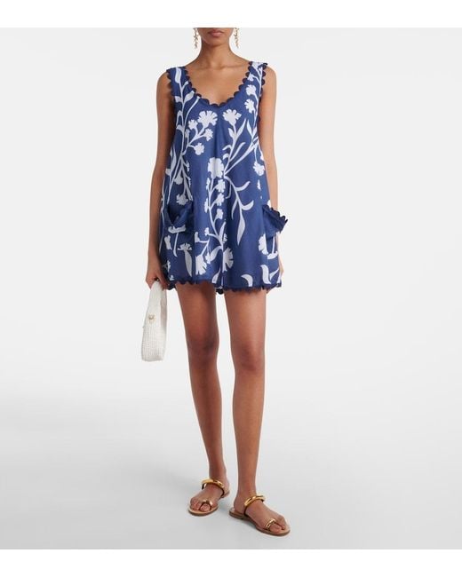 Juliet Dunn Blue Floral Scalloped Cotton Minidress