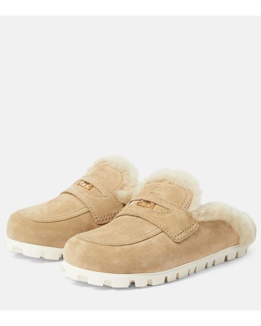 Miu Miu Natural Shearling-Lined Suede Slippers