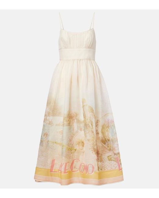 Zimmermann Natural Como Printed Linen And Silk Midi Dress