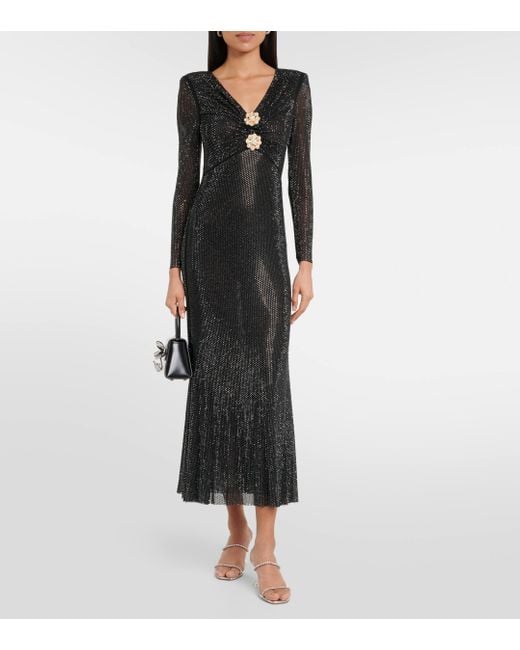 Self-Portrait Black Crystal-embellished Mesh Midi Dress