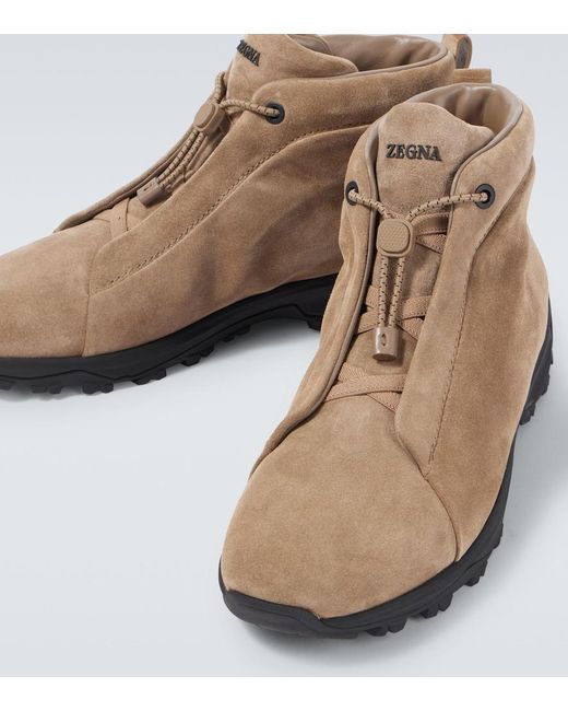 Zegna Brown Triple Stitch Suede High-Top Sneakers for men