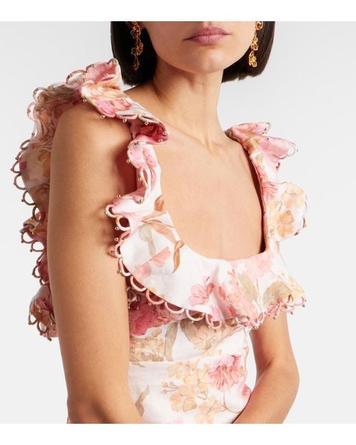 Zimmermann Pink Como Floral Ruffled Linen Minidress