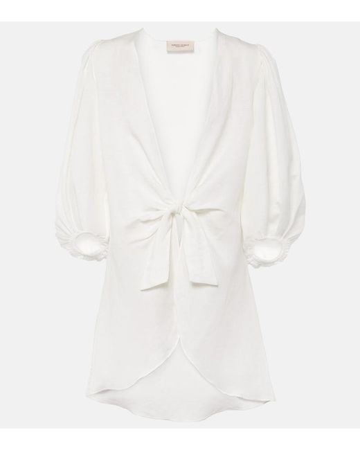 Adriana Degreas White Puff-Sleeve Linen-Blend Blouse