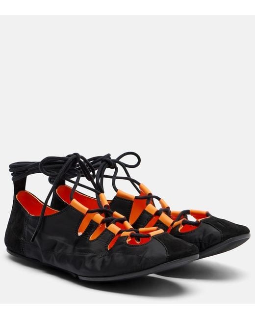 Alaïa Red Suede-Trimmed Lace-Up Ballet Flats